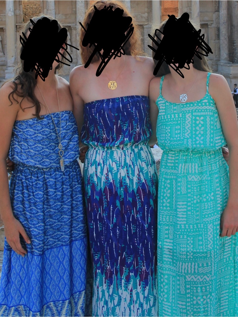 Tart Purple and Blue Patterned Strapless Maxi Dress